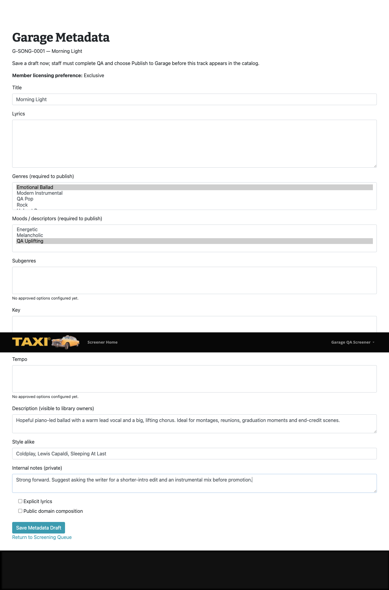 Metadata form
